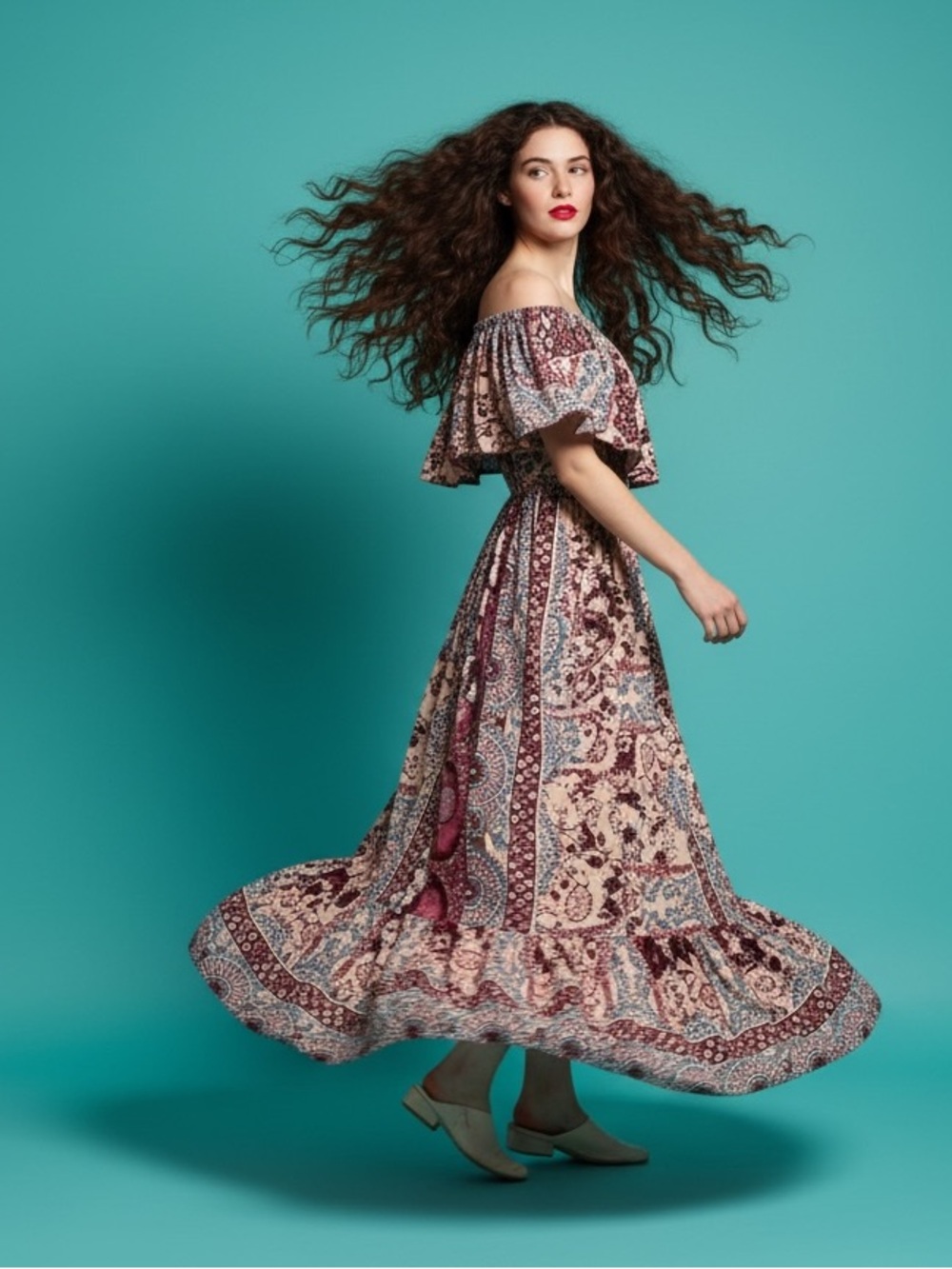 Jaase Boho Off-the-Shoulder Paisley Floral Flounce Gypsy Maxi Dress Size S